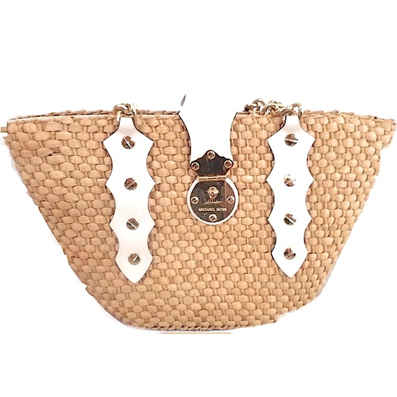 Michael Kors White Leather Santorini Raffia Large Straw Woven Tote Bag. - Picture 5 of 16